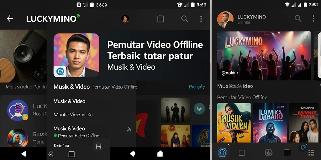 Tampilan antarmuka LUCKYMINO dengan berbagai fitur Pemutar Video Offline.