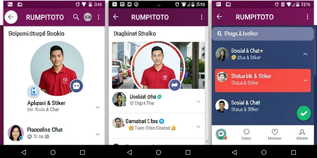 Antarmuka RUMPITOTO dengan berbagai pilihan stiker dan status menarik.